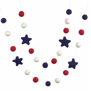 Red White Navy Blue Garland 1 Felt Balls, 2 Stars Navy Blue Stars Holiday USA Memorial Day Fourth July 100% Wool image 10