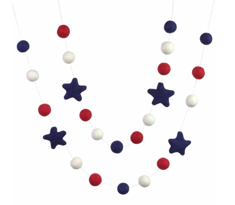 Red White Navy Blue Garland 1 Felt Balls, 2 Stars Navy Blue Stars Holiday USA Memorial Day Fourth July 100% Wool image 10