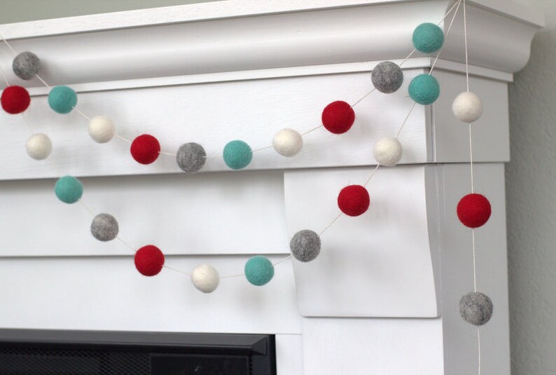 Christmas Felt Garland Red Turquoise Gray White Mantle Banner, Winter Holiday Shelf, Valentine's Home Decor 1 Felt Balls 100% Wool image 8