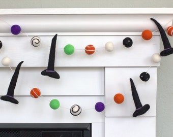 Halloween Witch Hat Garland- Black Purple Green Orange Swirls & Dots- Fall Mantle Banner, Autumn Shelf, Spooky Home Decorr- 1" Felt Balls