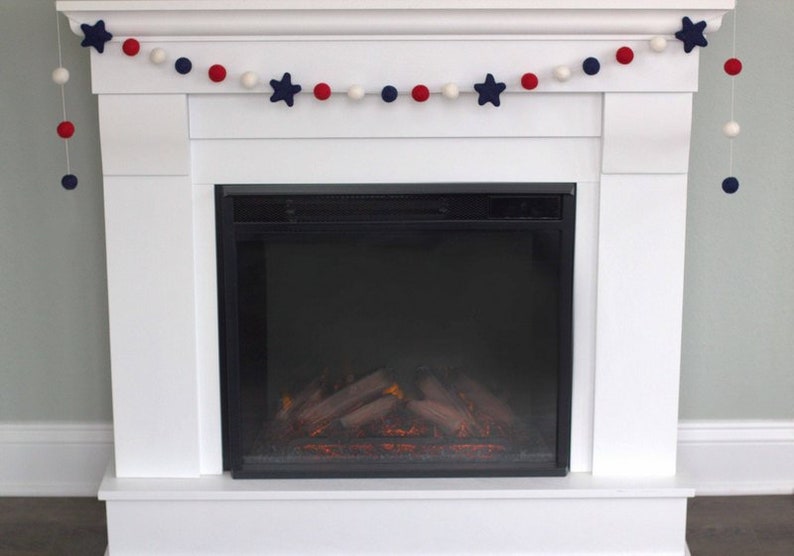 Red White Navy Blue Garland 1 Felt Balls, 2 Stars Navy Blue Star Memorial Day Party Decor, American Flag Mantle Banner, Labor Day Shelf image 2