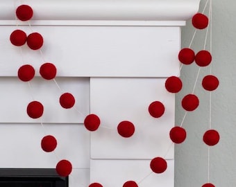 Red Felt Ball Christmas Garland- Holiday Mantel Banner, Winter Shelf Home Decor, Valentine's Day Gift Idea- 1" Felt Balls- 100% Wool