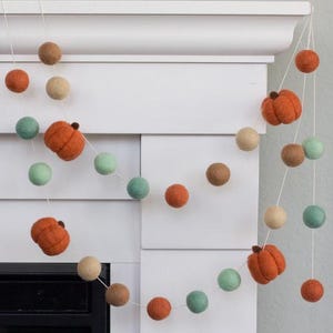 Fall Pumpkin Garland- Teal Tan Terra Cotta- Mantel Banner Autumn Shelf Thanksgiving Halloween Party- 1" Felt Balls, 1.5" Pumpkins- Handmade