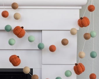 Fall Felt Pumpkin Garland Home Decor- Teal Tan Terra Cotta- Mantel Banner Autumn Shelf Thanksgiving Halloween Party- 1" Balls, 1.5" Pumpkins