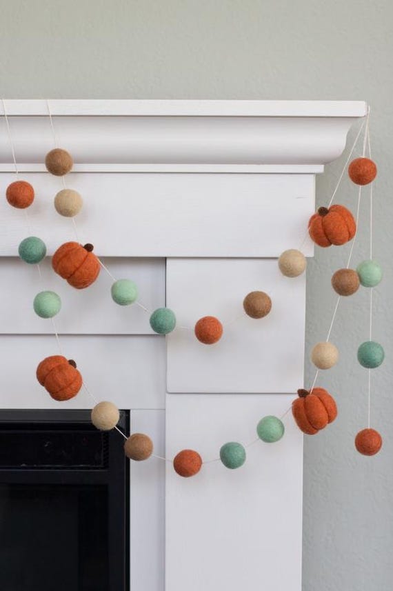 Fall Pumpkin Garland, Thanksgiving Mantel Decor - Teal Tan Terra Cotta - 1" Felt Balls, 1.5" Pumpkins- Handmade