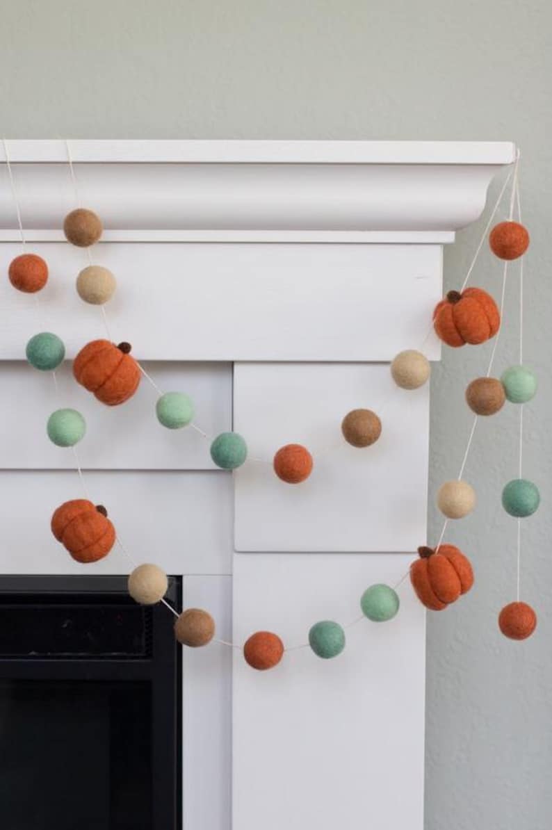 Fall Felt Pumpkin Garland, Thanksgiving Mantel Decor - Teal Tan Terra Cotta - 1" Balls, 1.5" Pumpkins- Handmade No, garland only