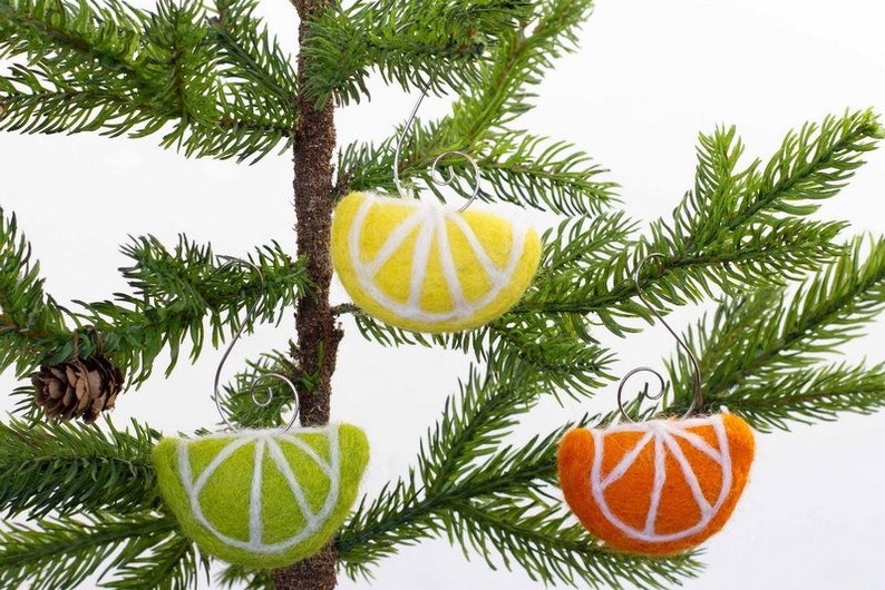 Fruit Slice Ornaments SET OF 3 Silver Swirl Hook Summer Citrus Tree, Spring Home Decor, Yellow Orange Green Fruit Slices Approx 2 Wide image 2