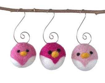 Oiseaux décoratifs pour arbre - LOT de 3 ou 6 - poussins roses avec crochets en argent - décoration printanière, cadeau de Noël