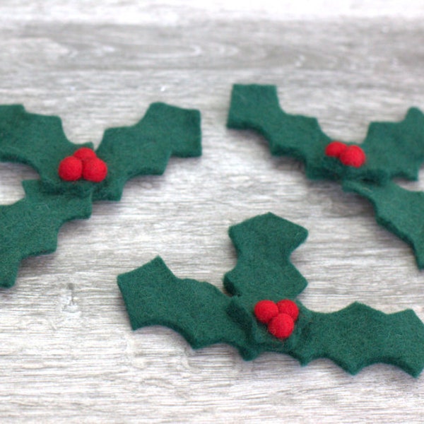 Felt Christmas Holly Leaves with Red Berries- Mistletoe Evergreen Decor, Holiday Tiered Tray, Winter Bowl Filler- 100% Wool Felt- Approx. 3"