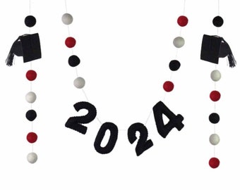 2024 Graduation Garland- 6 FT STRING- 20 1" Felt Balls, 2" Caps, 3" Numbers- Red Black White with BLACK tassels - Mortar Board Party Decor