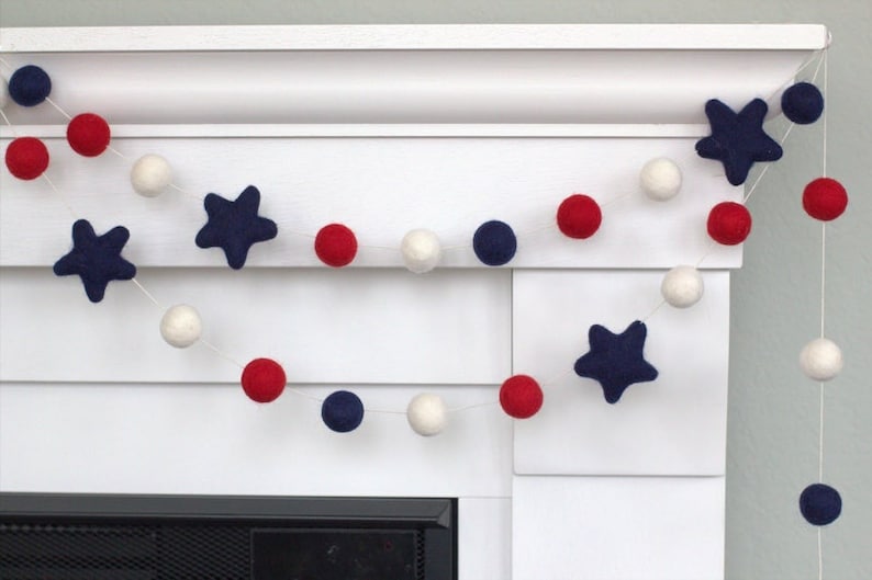 Red White Navy Blue Garland 1 Felt Balls, 2 Stars Navy Blue Star Memorial Day Party Decor, American Flag Mantle Banner, Labor Day Shelf image 1