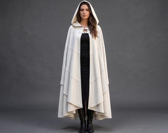 Ivory Hooded Leather Cloak Women | Handmade White Full Length Buckle Cape Panel Medieval Fantasy Costume