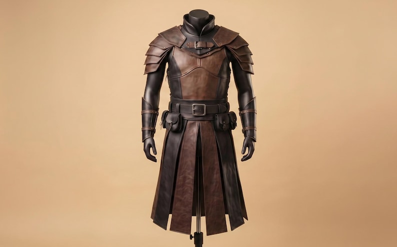 K&ouml;nnte beinhalten: Ein R&uuml;stungsset aus braunem und schwarzem Leder mit geschichteten Schulterst&uuml;cken, einer Brustplatte mit Schnallenriemen, Armschienen, einem H&uuml;ftg&uuml;rtel mit zwei befestigten Taschen und einem langen, mehrteiligen Rock, der bis zu den Knien reicht.
