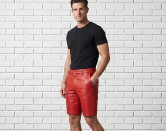 Pantaloncini chino in pelle dai colori vivaci con tasca con zip, taglio sartoriale pulito / Abbigliamento casual elegante da uomo, realizzati a mano