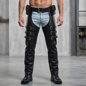 May include: Black leather chaps worn over light blue denim jeans. The chaps feature a wide belt with two attached pouches at the waist and three horizontal straps with silver-toned metal buckles on each leg, extending from the thigh to the calf.