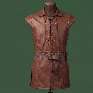 Medieval Lace Up Leather Jerkin | Belted Tunic With Cap Sleeves For Renaissance Ranger Style