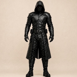 Leren ninja-sluipmoordenaarkostuum | Gemaskerde en geklonken volledige krijgerset met capuchon | Handgemaakt Shadow Knight-pak | LARP Halloween-cosplaycadeau