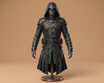 Assassinen-Kapuzenmantel-Rüstung | Zweifarbiges grün-schwarzes Design mit Gürteltaschen für den Schurken-Stil
