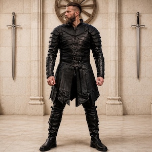 May include: A person wearing a black leather costume with a high collar, long sleeves, and a belted waist. The costume has a layered skirt and is paired with knee-high boots. Two swords hang on the wall behind the person, and torches are lit on either side.