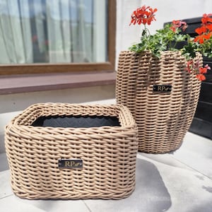Faux Rattan Planter Set, Weatherproof Polymer Wicker Pots, Indoor Outdoor Garden Decor