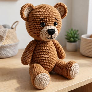 Peut inclure: Un ours en peluche crocheté à la main, de couleur marron et beige. L'ours a une tête ronde avec de petits yeux foncés, un nez noir et un sourire cousu. Ses oreilles, son museau et la plante de ses pieds sont beiges. L'ours est assis sur une surface en bois.