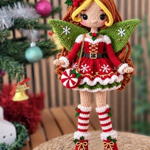 Christmas Fairy Crochet Pattern PDF - Holiday Elf Amigurumi Doll with Wings, Red Dress & Peppermint Purse