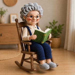 Peut inclure: Poupée crochetée représentant une personne âgée aux cheveux gris et lunettes, assise dans un rocking-chair en bois et lisant un livre vert. La poupée porte une chemise crème, une salopette bleue et des chaussons gris. Un charmant article fait main.