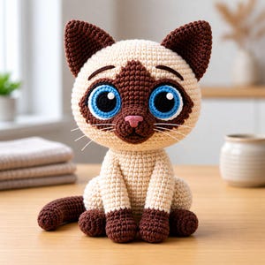 Peut inclure: Une poupée chat siamois au crochet, faite à la main, avec de grands yeux bleus, des accents bruns et un nez rose. Le chat est assis sur une surface en bois. La poupée est beige, marron et blanche.