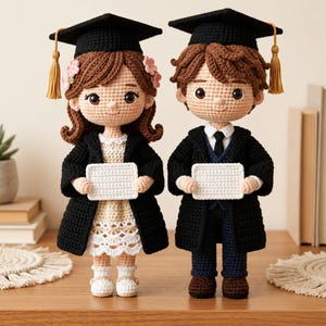 May include: Two crocheted graduation dolls, a girl and a boy, stand side-by-side. The girl doll wears a cream-colored dress, black graduation gown, and mortarboard. The boy doll wears a suit, black graduation gown, and mortarboard. Each doll holds a white sign.
