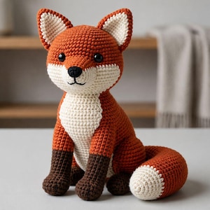 May include: A handcrafted crochet fox plush toy featuring a vibrant orange body, a cream-colored chest and face, and dark brown paws. The fox has pointed ears with cream centers, black safety eyes, a black stitched nose, and a bushy tail with a white tip.