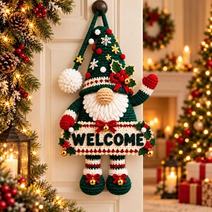 Christmas Gnome Welcome Door Hanger Crochet Pattern PDF - Holiday Door Decor, Gnome Welcome Sign, Christmas Crochet Pattern