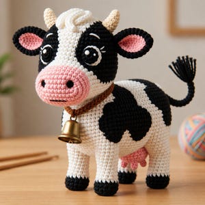 Peut inclure: Une figurine de vache au crochet avec un corps blanc à taches noires, un museau rose et de petites cornes. La vache porte un collier en fil marron avec une cloche en métal doré. Elle a de grands yeux noirs, des oreilles roses et une queue noire.