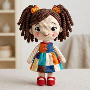 Peut inclure: Une poupée au crochet faite à la main avec des cheveux bruns en couettes, ornée de fleurs oranges. La poupée porte une robe patchwork colorée, des chaussures rouges et des joues roses. Un charmant jouet fait à la main.