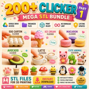 Pode incluir: Gráfico promocional para um pacote de arquivos STL de impressão 3D. A imagem apresenta vários modelos em miniatura, incluindo alimentos como sorvete e macarons, figuras de animais fofos e o texto "200+ CLICKER MEGA STL BUNDLE".