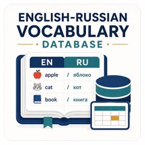 May include: An illustration of an English-Russian vocabulary database. The image features an open book with English and Russian word pairs, including "apple," "cat," and "book." A database icon and a calendar icon are also present.