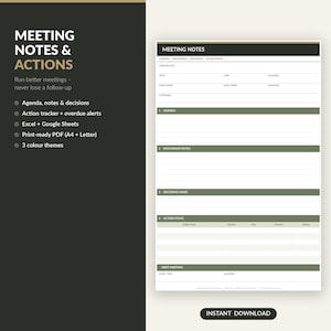 Modello per verbali di riunione, strumento di monitoraggio delle attività, Excel, Fogli Google (download digitale)