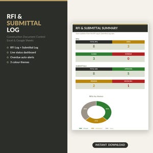 RFI Log Template, Submittal Log Tracker, Construction Document Control, Excel & Google Sheets, Auto Status