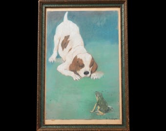 Jim Livingston Playful Dog with Frog Pastel on Paper