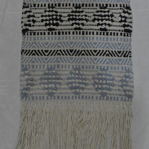 2 X 2 FT, Handwoven Kilim Wall Hanging, Blue Cream Textured Tapestry with Fringe, Southwestern Tribal Macrame Wall Art, Geometric Rug Art