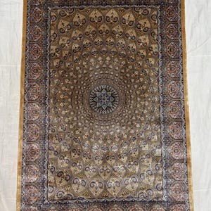 3 X 4 FT, Elegant Turkish Silk Rug, Arabesque Star Medallion Oriental Carpet, Gold Floral Pattern Area Rug, New Home Living Room Decor