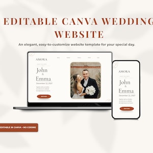Puede incluir: Una plantilla de sitio web de bodas digital mostrada en una computadora portátil y un teléfono inteligente. La pantalla muestra el texto AMORA, John & Emma, 12 de diciembre de 2027, y una foto de una pareja. El texto EDITABLE CANVA WEDDING WEBSITE y EDITABLE IN CANVA - NO CODING aparece.