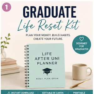 May include: A light blue spiral-bound planner titled "Life After Uni Planner" with a graduation cap graphic. The text reads "Graduate Life Reset Kit" and "Plan Your Money. Build Habits. Create Your Future." A beige mug and pen are also visible.