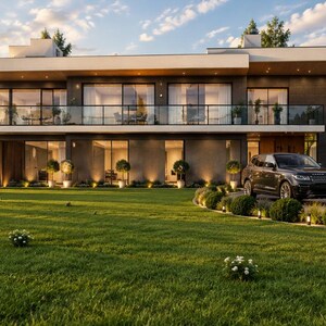 May include: A two-story modern house with a flat roof, large glass windows, and a balcony. The exterior features dark gray and white panels. A dark SUV and a white sedan are parked in the driveway. The house is surrounded by a green lawn and trees.