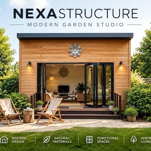 May include: A wooden garden studio labeled NEXASTRUCTURE MODERN GARDEN STUDIO with black folding doors, a flat roof, and a front deck. Two folding chairs and a wooden stump table sit on a stone patio in front of the structure.