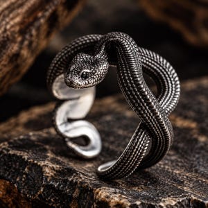 Puede incluir: Un anillo de metal plateado con forma de serpiente enroscada con un patrón texturizado similar a escamas en su superficie exterior. La cabeza de la serpiente está situada en la parte superior, con pequeños ojos oscuros, mientras el cuerpo forma el aro.