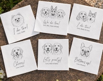 May include: Six square white paper napkins featuring black line art illustrations of various dog breeds. Each napkin displays a unique dog portrait, a short phrase such as I do too, Cheers, or Let's pawty, and the name of the dog printed below.