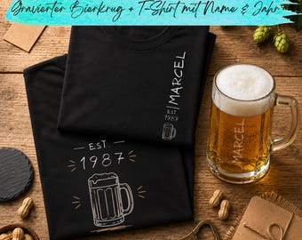 Set de regalo personalizado para amantes de la cerveza: jarra y camiseta con nombre. Regalo ideal para hombres y para el Día del Padre.