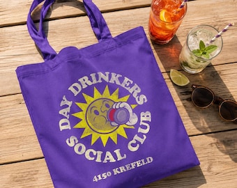Bolso de algodón morado con diseño de sol - Day Drinkers Social Club - Gift Krefeld - Bolso de hombro de 10 litros