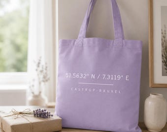 Bolsa de algodón personalizada con coordenadas (ciudad y texto personalizado), regalo minimalista, 3 colores.