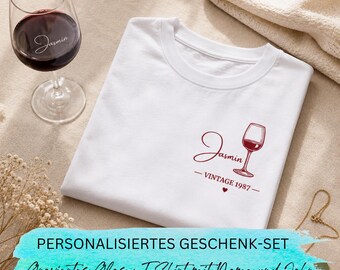 Set de regalo personalizado de copa de vino: copa y camiseta grabadas con nombre, regalo de cumpleaños para mujeres, mamás y novias.